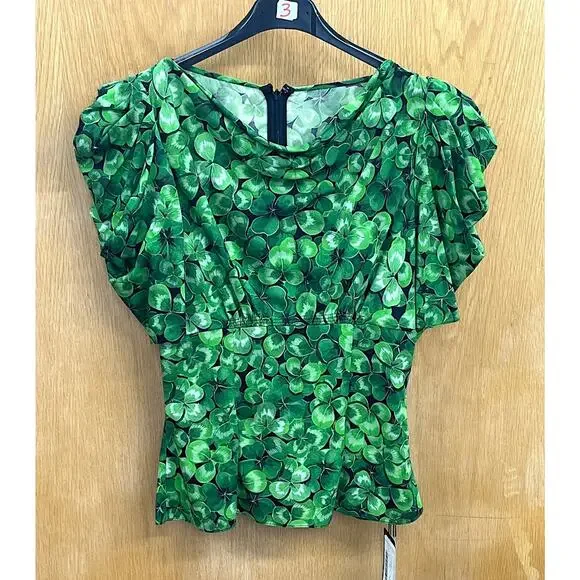 NWT Dolce & Gabbana Green Clover Print Blouse Silk IT 38 XS - Picture 6 of 7